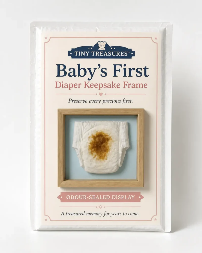 Baby’s First Diaper Keepsake Frame novelty package featuring a stained diaper inside an odour sealed wooden display frame.