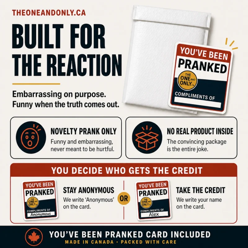 Built for the Reaction Novelty Prank Novelty prank mail designed to create a funny, embarrassing reaction, with no real product inside and an included reveal card marked Anonymous or with the sender’s name.