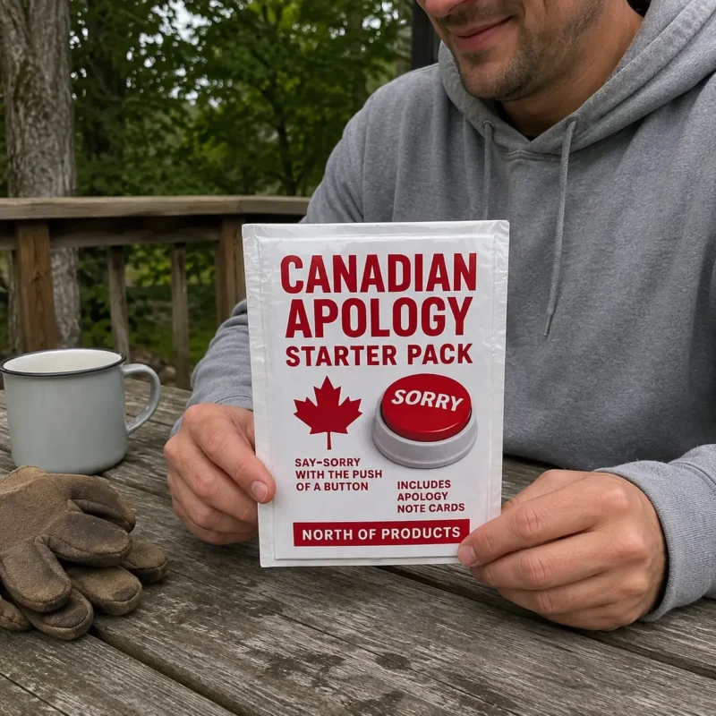 canadian-apology-starter-pack-cottage Man holding a Canadian Apology Starter Pack prank mailer at a cottage table