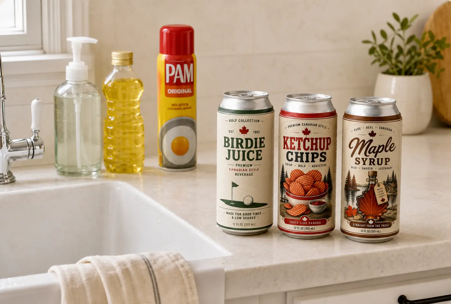 Three beer can disguise sleeves beside dish soap, vegetable oil and cooking spray near a kitchen sink