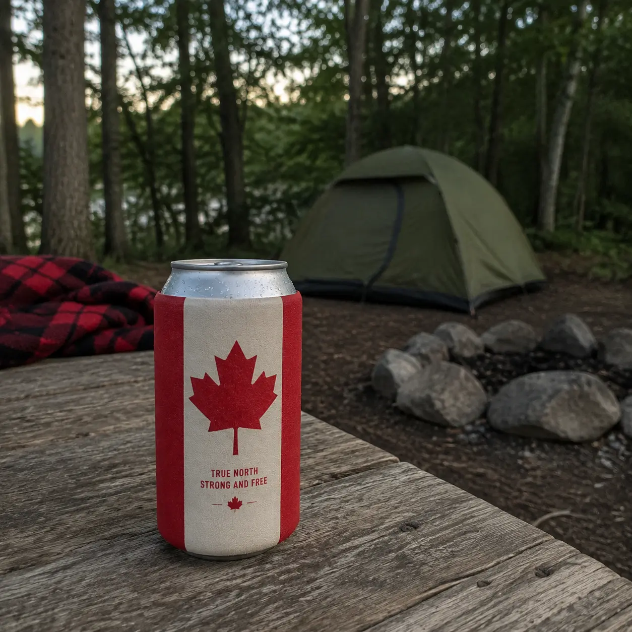 Canadian Flag silicone beer can sleeve at a Canadian campsite