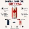 Canadian flag beer can sleeve infographic showing full coverage and reusable silicone features