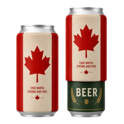 Canadian flag silicone beer can sleeve covering and disguising a beer can