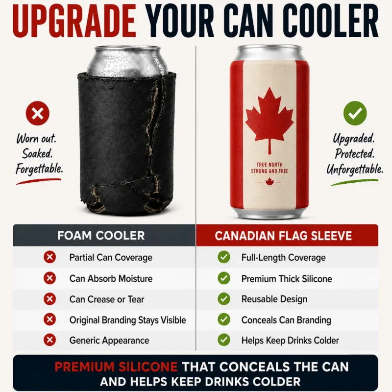 Canadian flag silicone beer can sleeve compared with a traditional foam can cooler