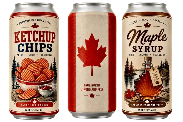Maple Syrup, Ketchup Chips and Canadian Flag silicone beer can sleeves from the Classic Canadian Collection