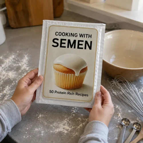 Adult holding a Cooking with Semen prank mailer in a home kitchen