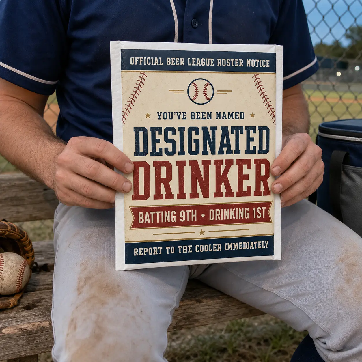 Baseball player holding a Designated Drinker prank mailer near a dugout