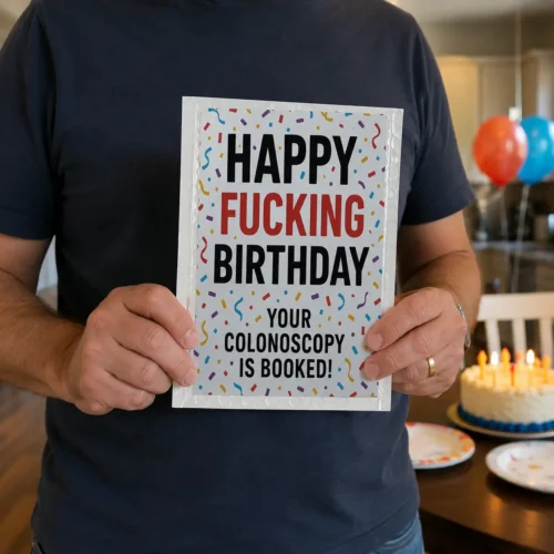 Funny birthday prank mail package that says Happy Fucking Birthday Your Colonoscopy Is Booked