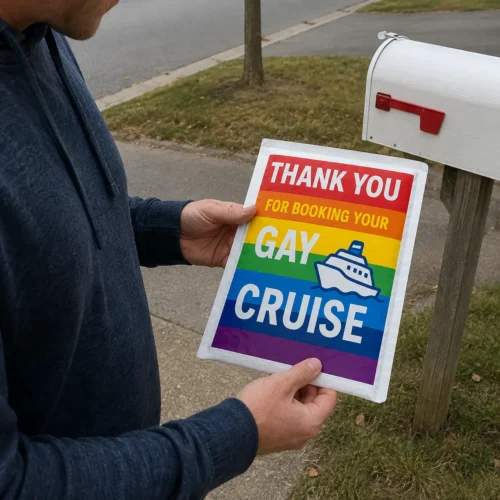 Person receiving a Thank You for Booking Your Gay Cruise prank mailer