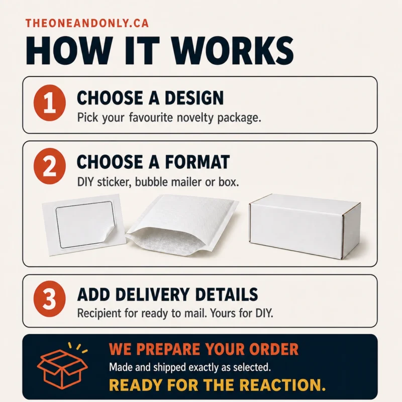 How the Prank Works Three-step ordering guide showing how to choose a novelty design, select a DIY sticker, bubble mailer or box, and provide the delivery details.
