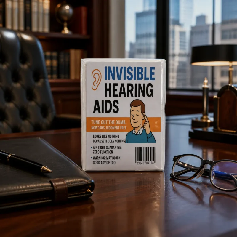 Invisible Hearing Aids novelty package displayed on a polished executive desk beside a leather folio, fountain pen, and reading glasses.