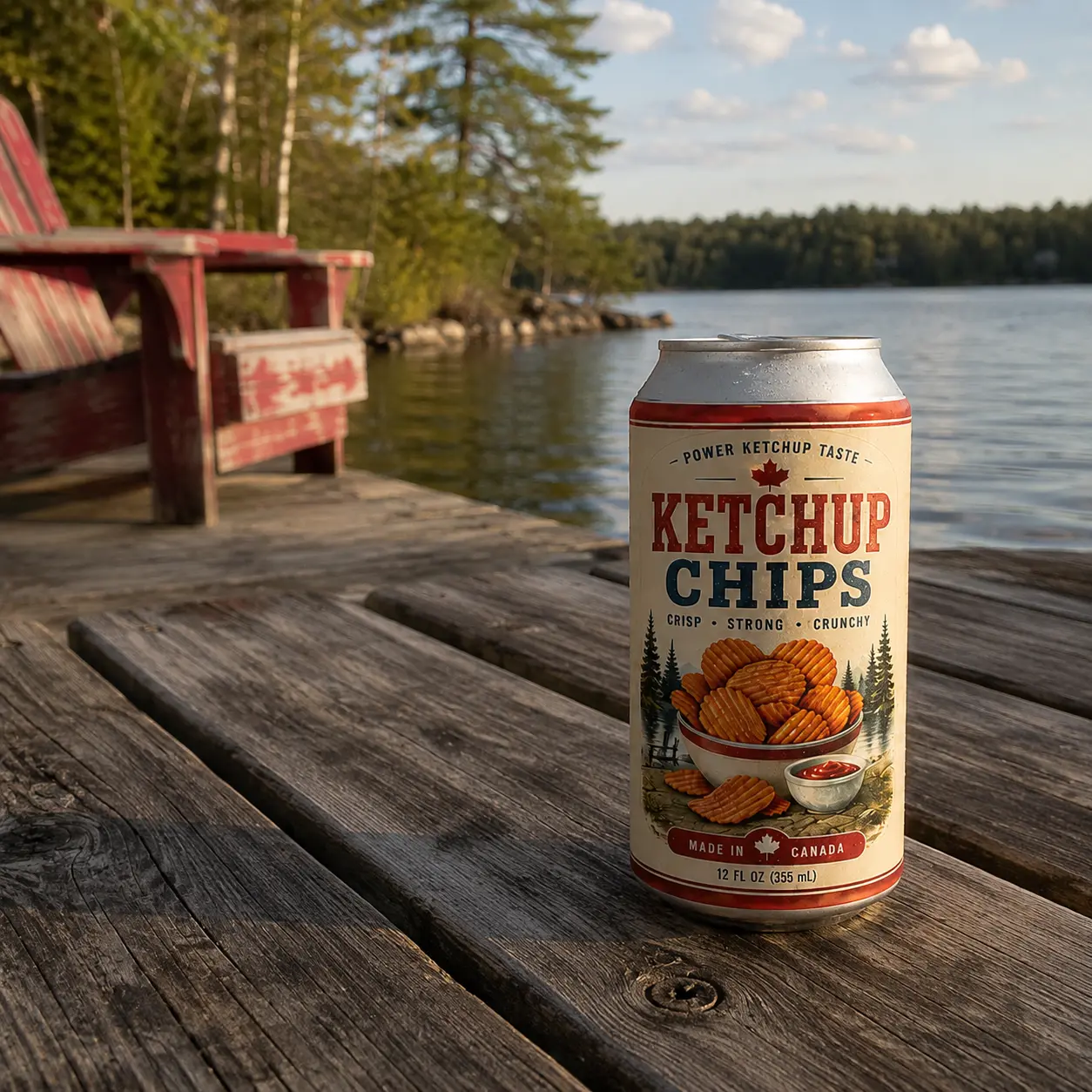 Ketchup Chips silicone beer can sleeve on a Canadian cottage dock