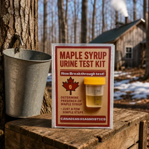 Maple Syrup Urine Test Kit novelty package displayed in a Canadian sugar bush beside a tapped maple tree, sap bucket, and rustic sugar shack.
