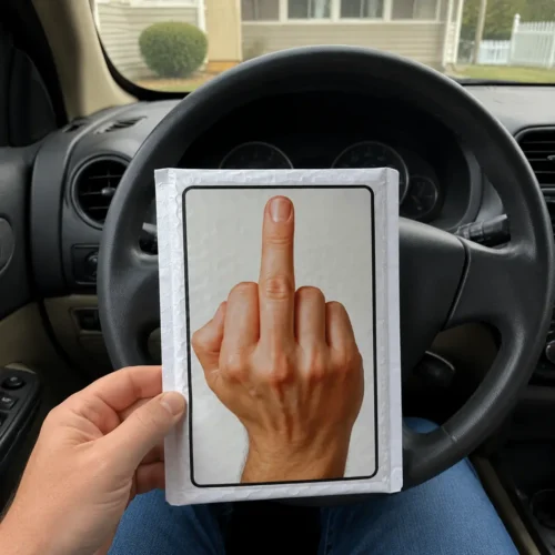 Person holding a middle finger prank mailer inside a parked vehicle