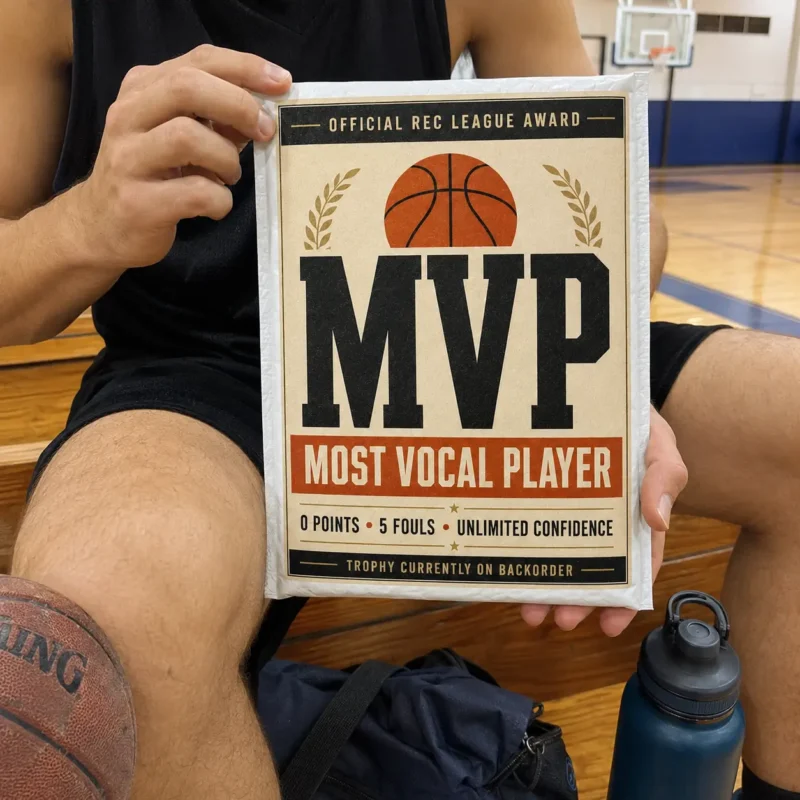 Most Vocal Player Basketball Prank Mail Basketball player holding a Most Vocal Player prank mailer on gym bleachers