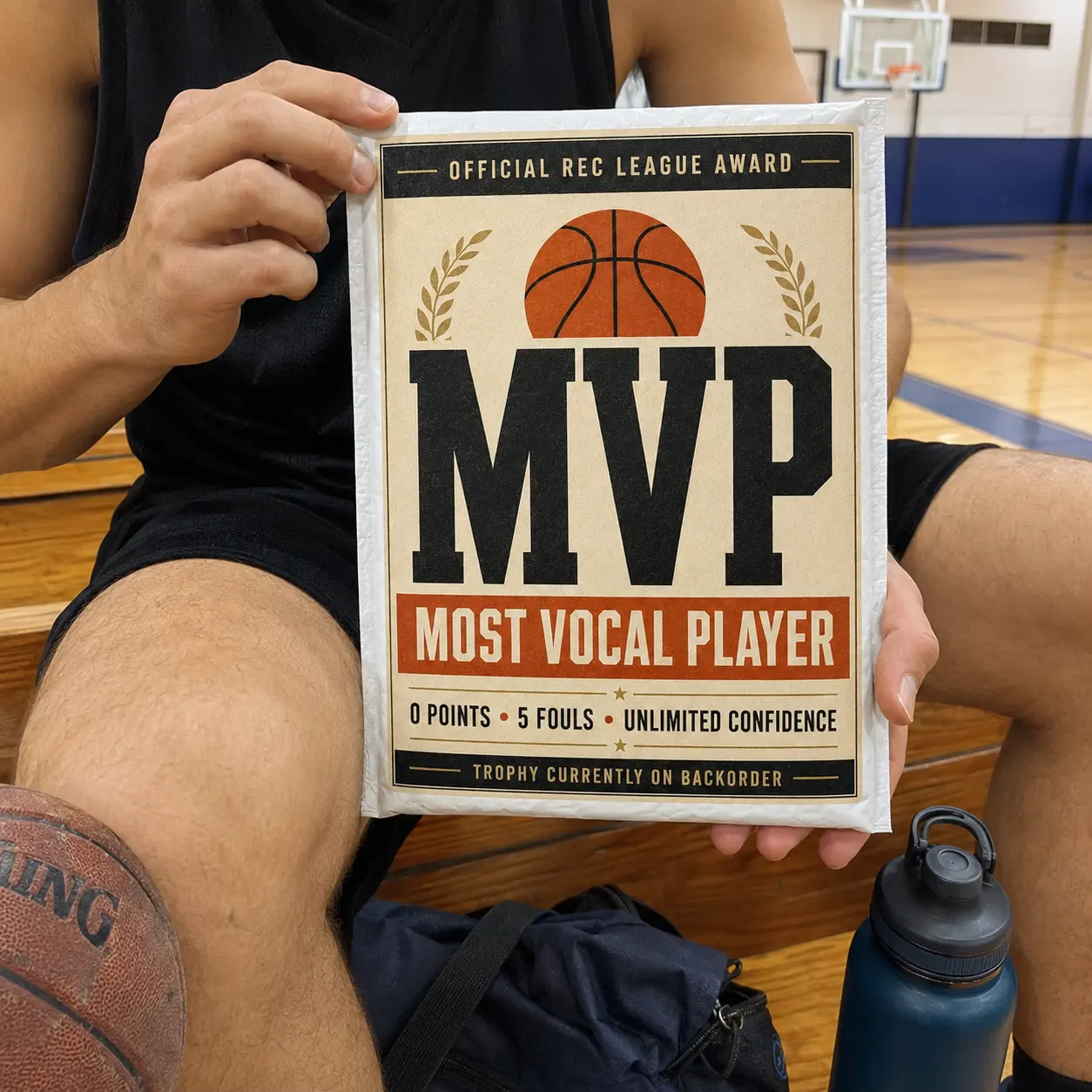 Basketball player holding a Most Vocal Player MVP prank mailer in a gym