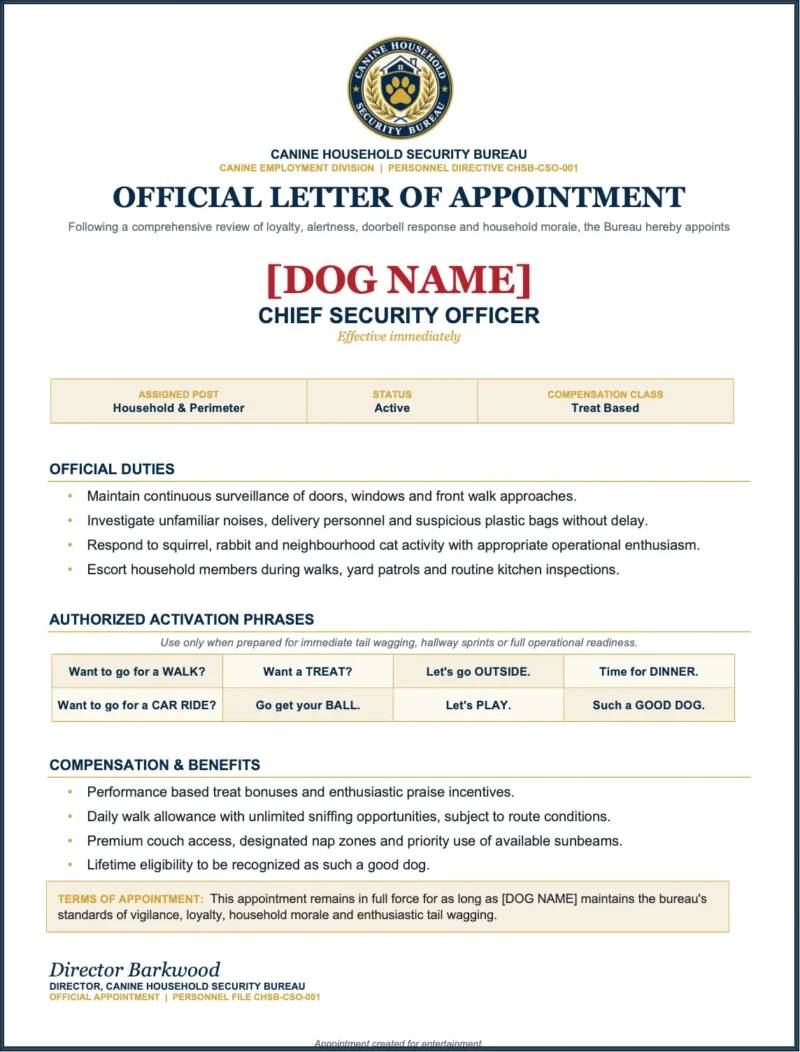 Personalized Dog Employment Appointment Letter Sample personalized Chief Security Officer appointment letter for a dog