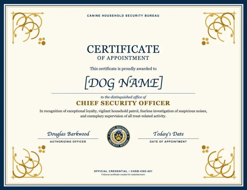 Personalized Dog Chief Security Officer Certificate Sample personalized dog Chief Security Officer appointment certificate