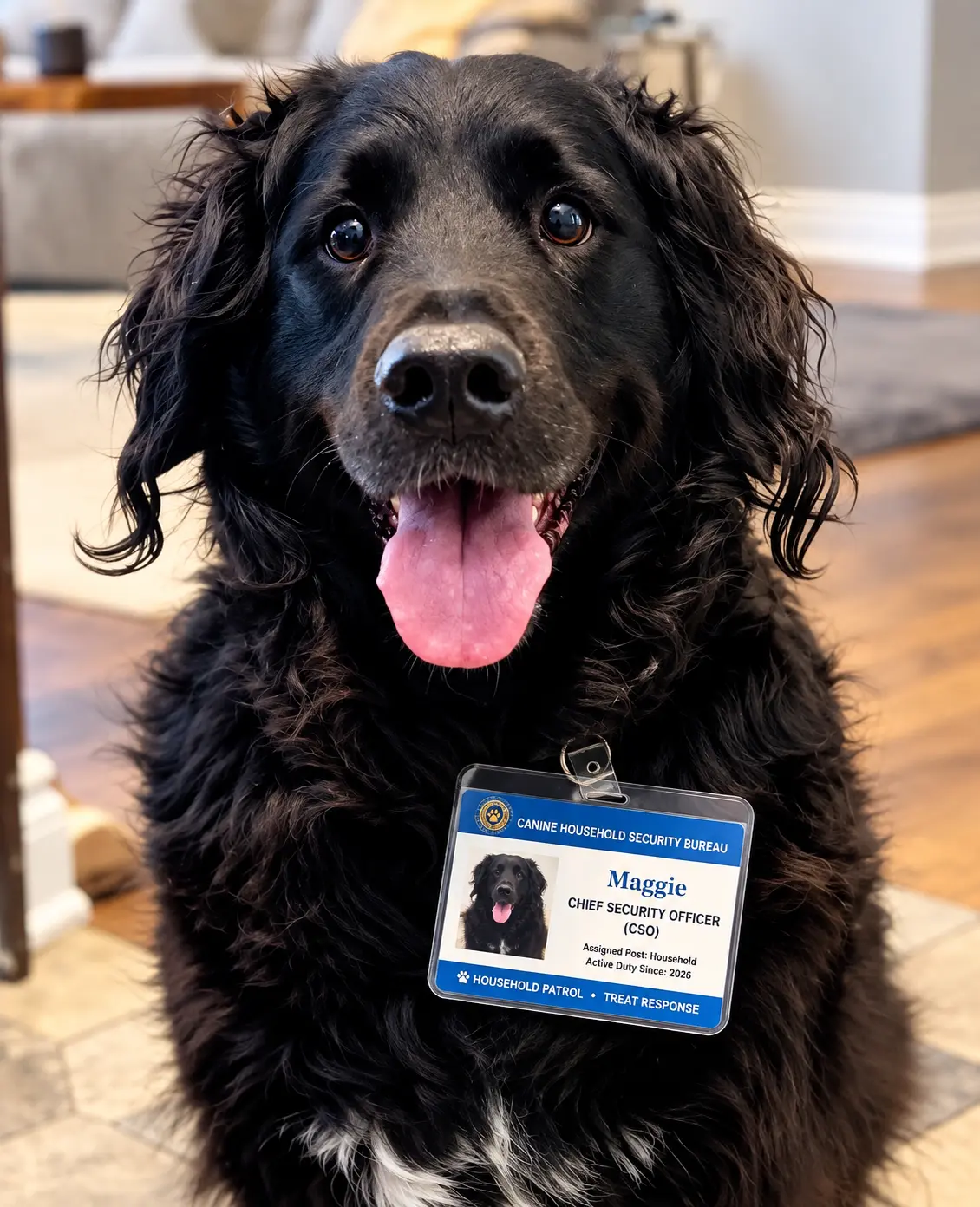 Maggie with her Dog Mail appointment certificate, letter and photo badge