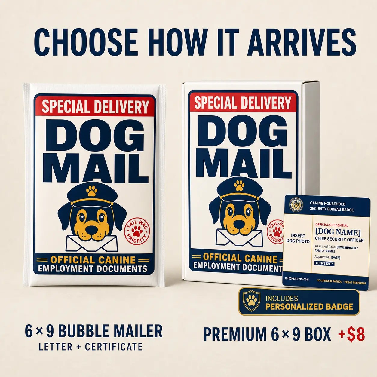 Dog Mail delivery options showing a bubble mailer and premium box with personalized photo badge