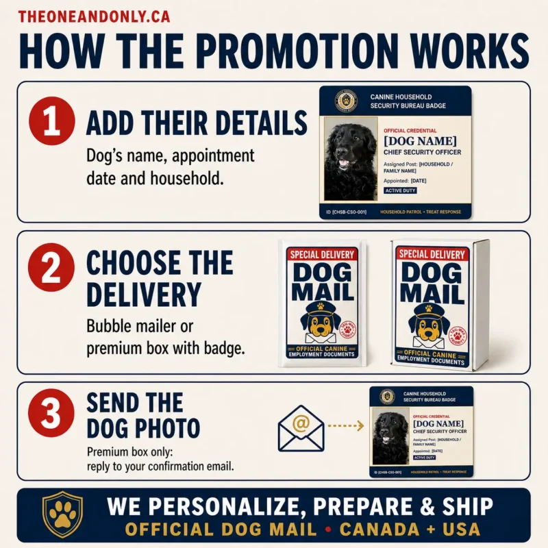 How the Personalized Dog Gift Works How the personalized Dog Chief Security Officer gift works, from adding the dog’s details to choosing delivery and emailing a photo