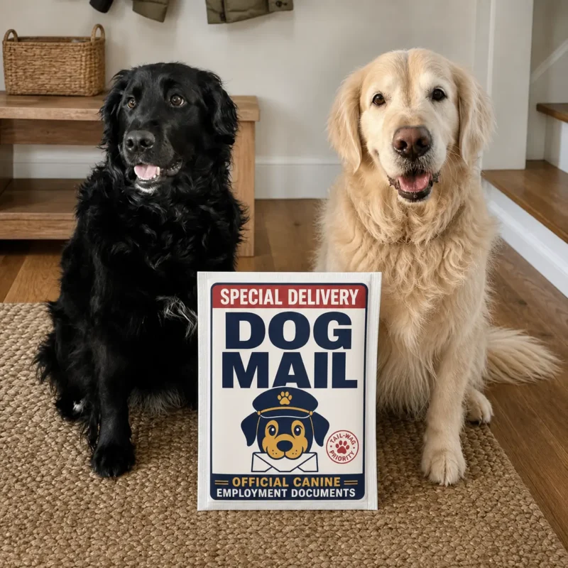 Personalized Dog Chief Security Officer Gift Two dogs sitting beside their personalized Dog Chief Security Officer gift package