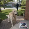 Golden Retriever Receives Official Dog Mail Golden retriever excited after receiving a personalized Dog Mail package from the mail carrier