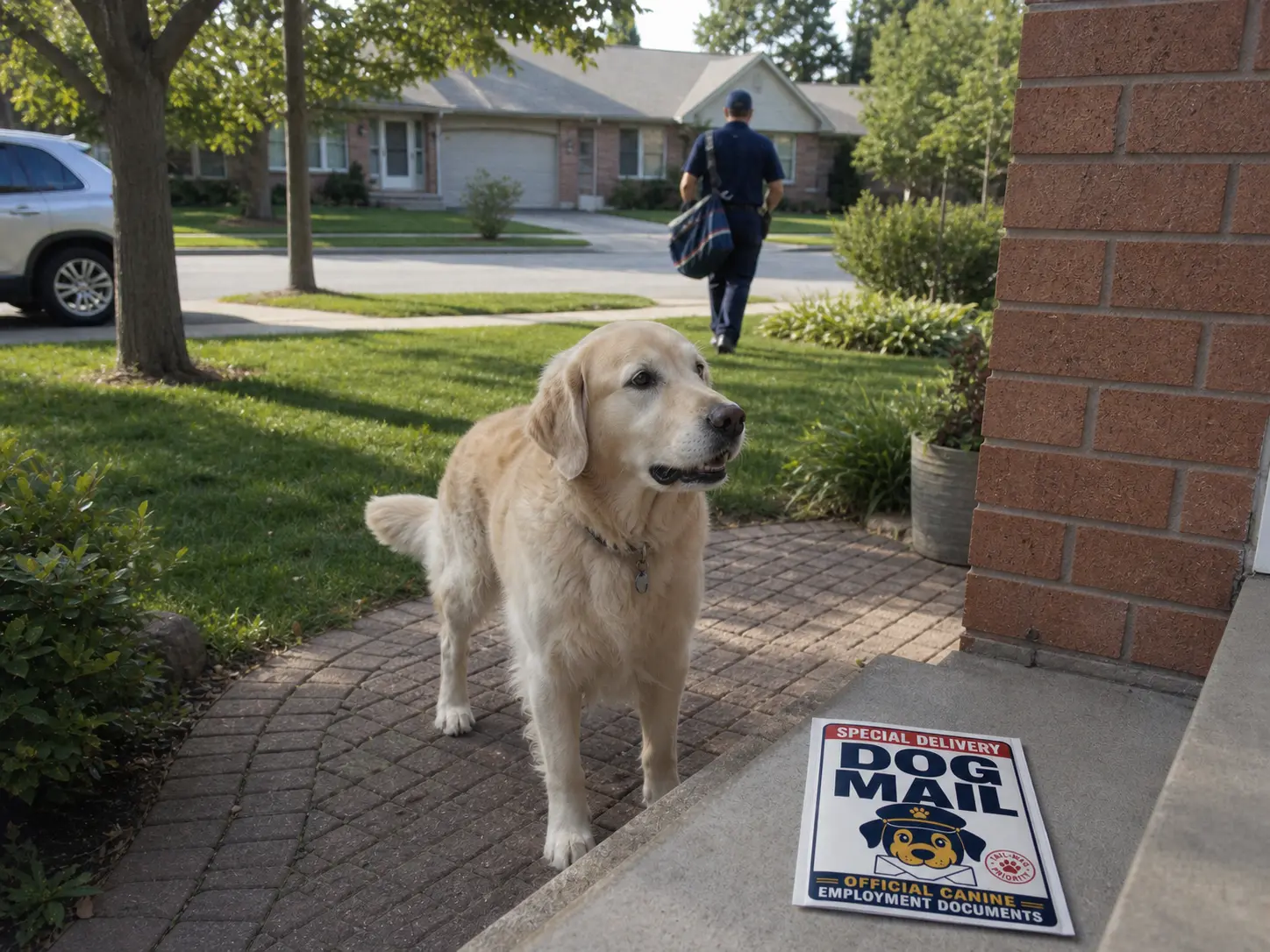 Golden retriever excited after receiving a personalized Dog Mail package from the mail carrier