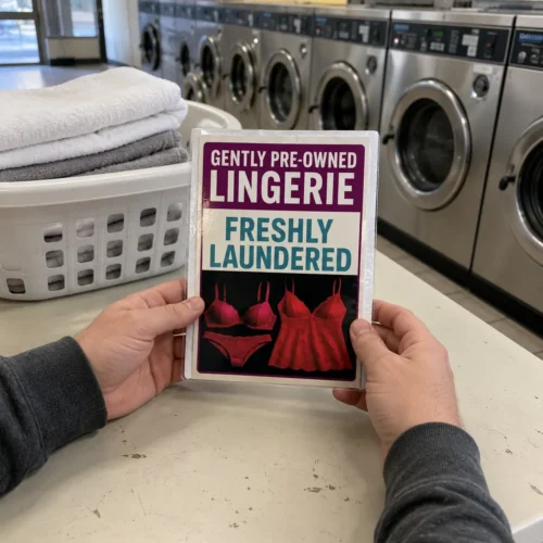 Adult holding a Gently Pre-Owned Lingerie prank mailer in a laundromat