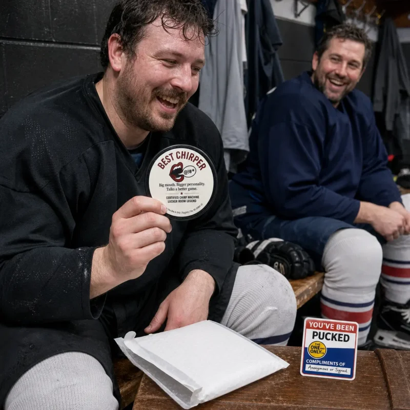 Beer league hockey player laughing while holding a Best Chirper hockey puck beside an opened mailer and reveal card.