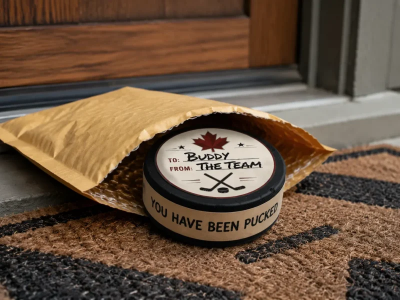 The Puck Drop Personalized Hockey Puck Prank Personalized hockey puck prank emerging from a padded mailer on a doorstep