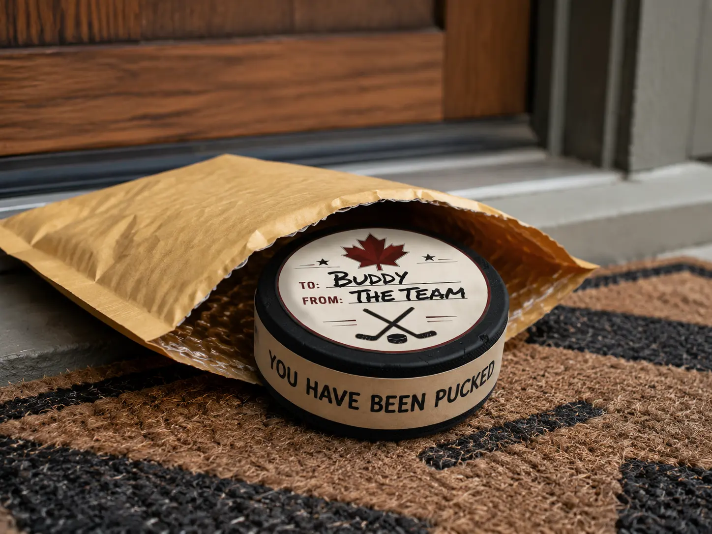 Personalized hockey puck prank emerging from a padded mailer on a doorstep