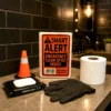 Shart Alert Emergency Clean Up Kit Lifestyle Image Shart Alert Emergency Clean Up Kit displayed on a dark restroom counter beside wipes, black gloves, toilet paper, and a miniature safety cone.
