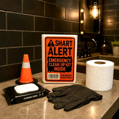 Shart Alert Emergency Clean Up Kit displayed on a dark restroom counter beside wipes, black gloves, toilet paper, and a miniature safety cone.