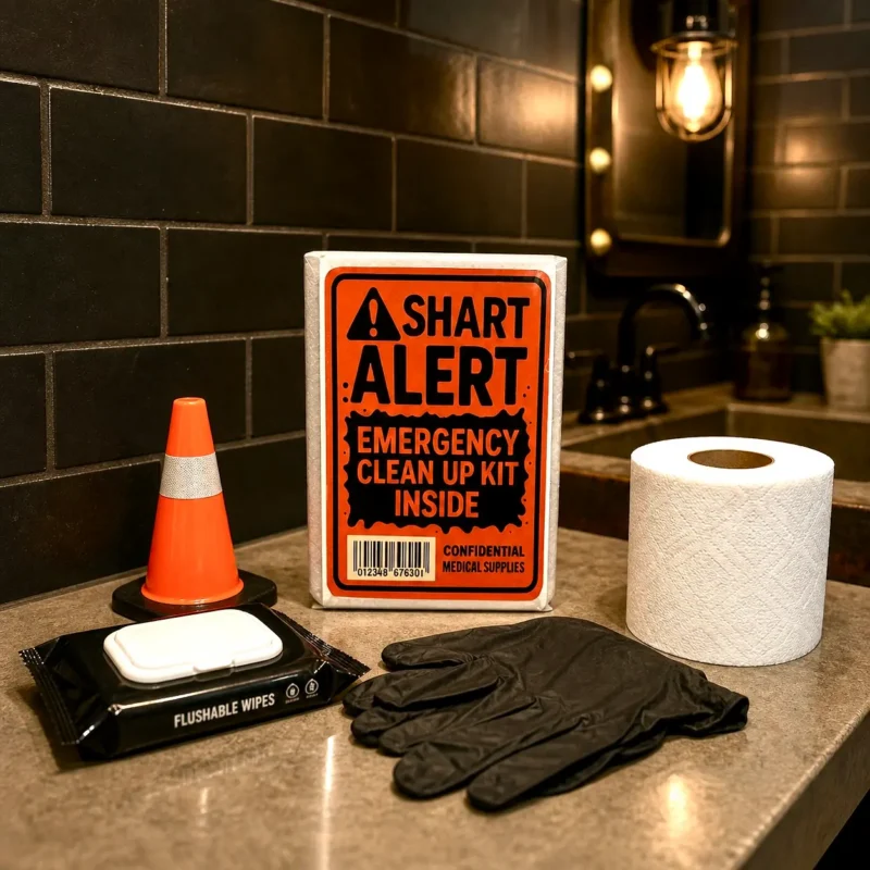 Shart Alert Emergency Clean Up Kit Lifestyle Image Shart Alert Emergency Clean Up Kit displayed on a dark restroom counter beside wipes, black gloves, toilet paper, and a miniature safety cone.