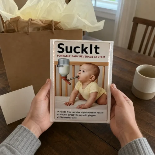 Adult holding a SuckIt portable baby beverage system prank mailer at a gift table