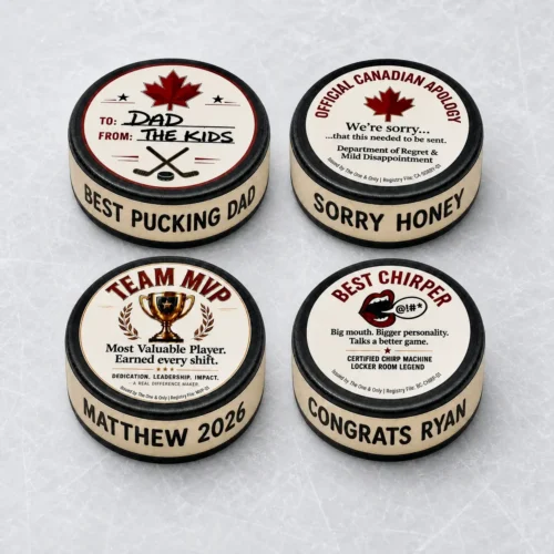 The Puck Drop™ Custom Hockey Puck Options Four custom hockey pucks showing personalized top designs and edge messages