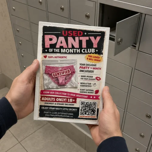 Adult holding a Used Panty of the Month Club prank mailer in an apartment mailroom