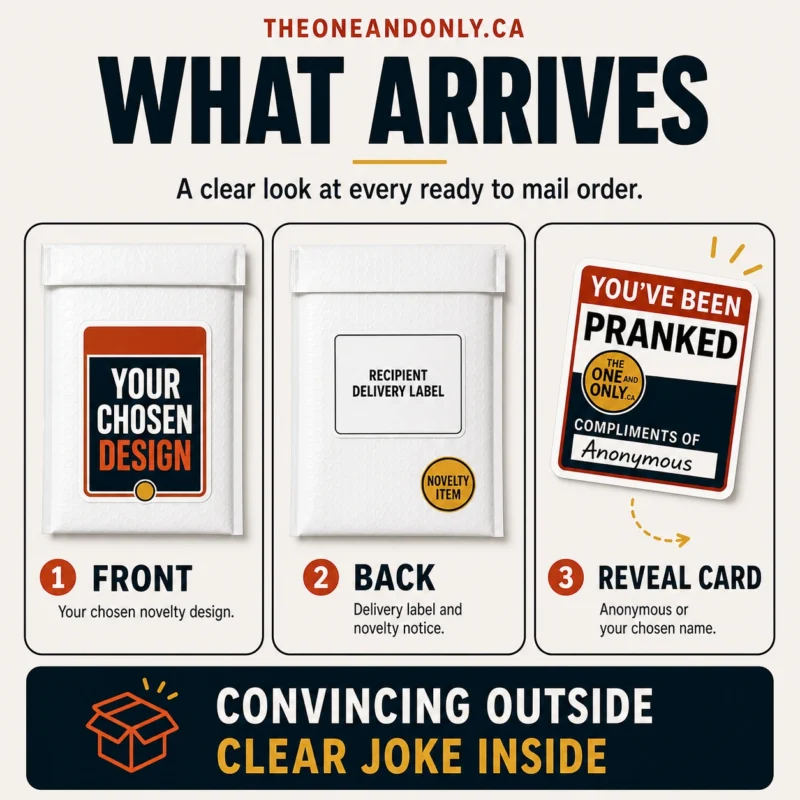 What Arrives Front and back views of a ready-to-mail novelty prank package alongside the included You’ve Been Pranked reveal card.