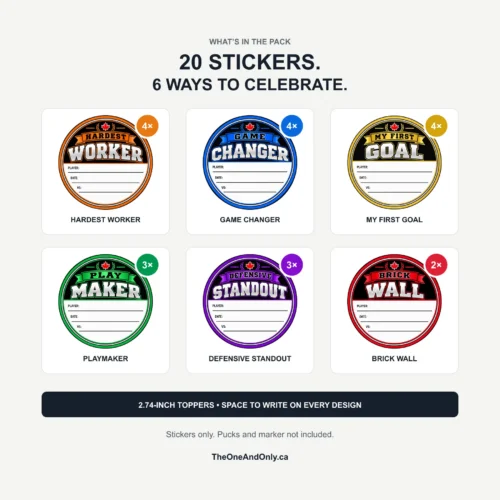 Mixed 20 pack containing 4 Hardest Worker, 4 Game Changer, 4 My First Goal, 3 Playmaker, 3 Defensive Standout and 2 Brick Wall hockey puck stickers.