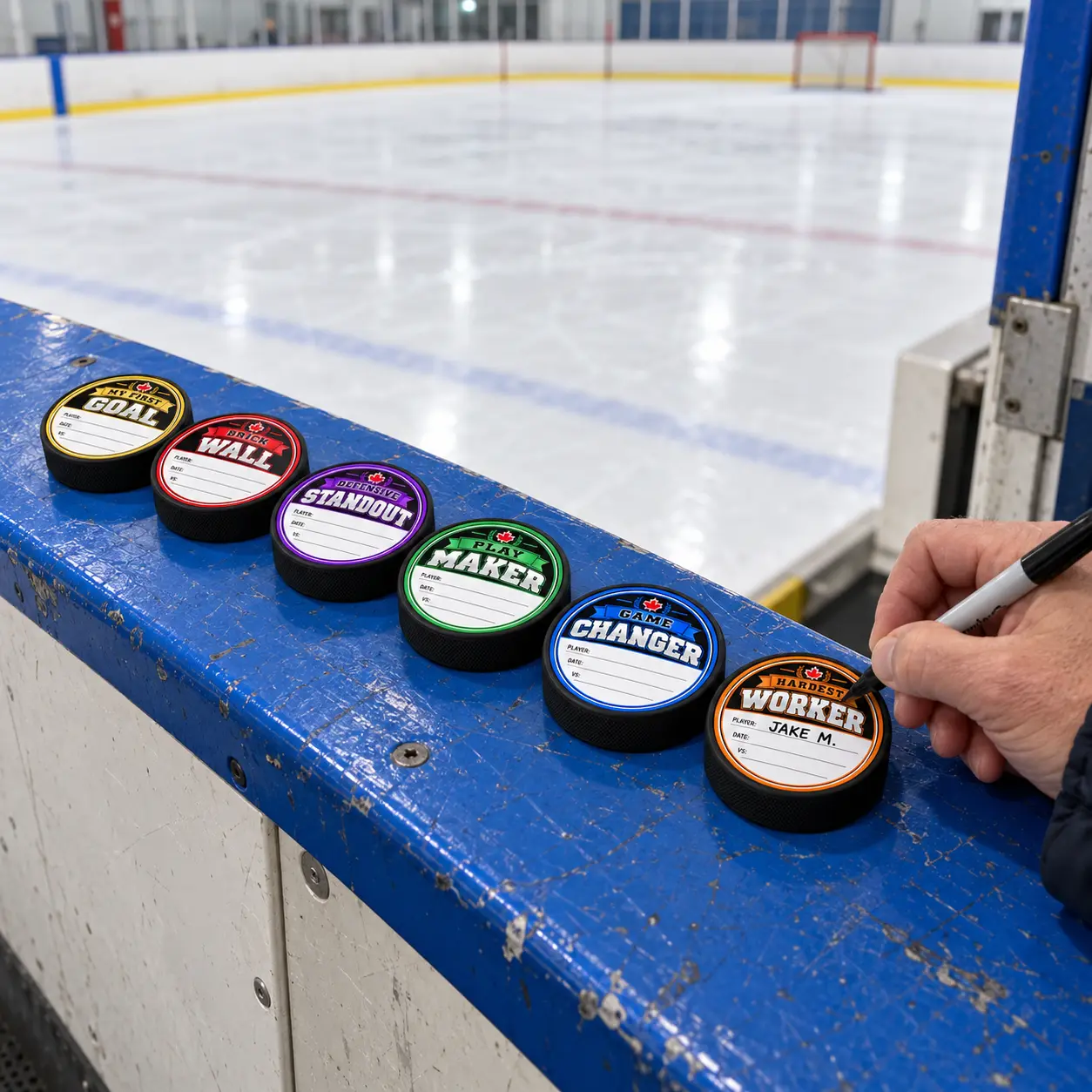 Six hockey puck awards lined up along the rink bench while a coach writes on a Hardest Worker puck