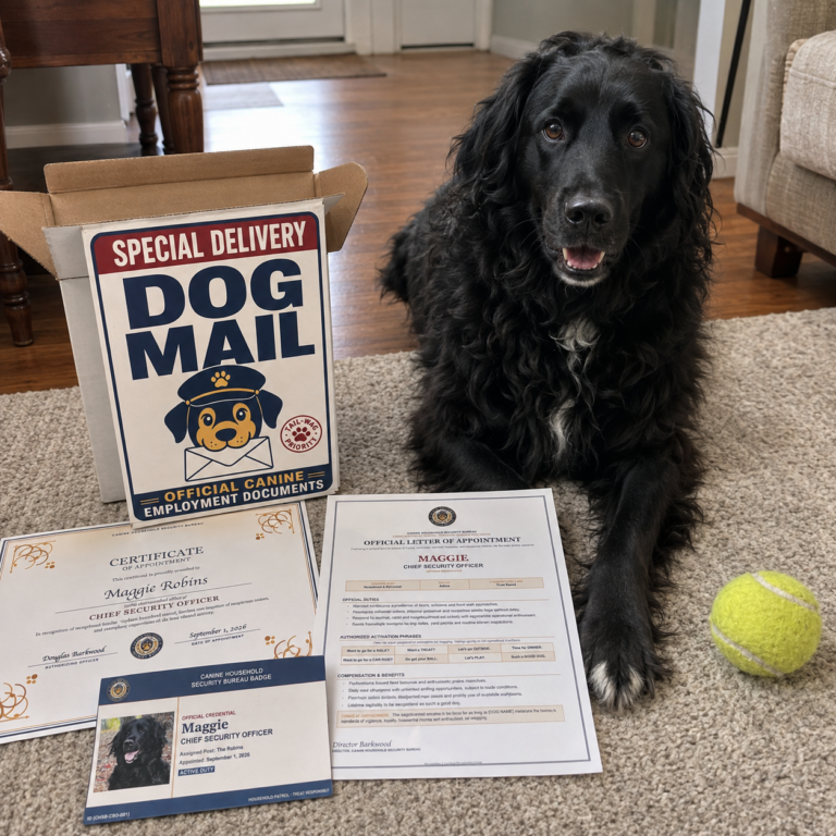 A dog that has received dog mail security officer job joke gift.
