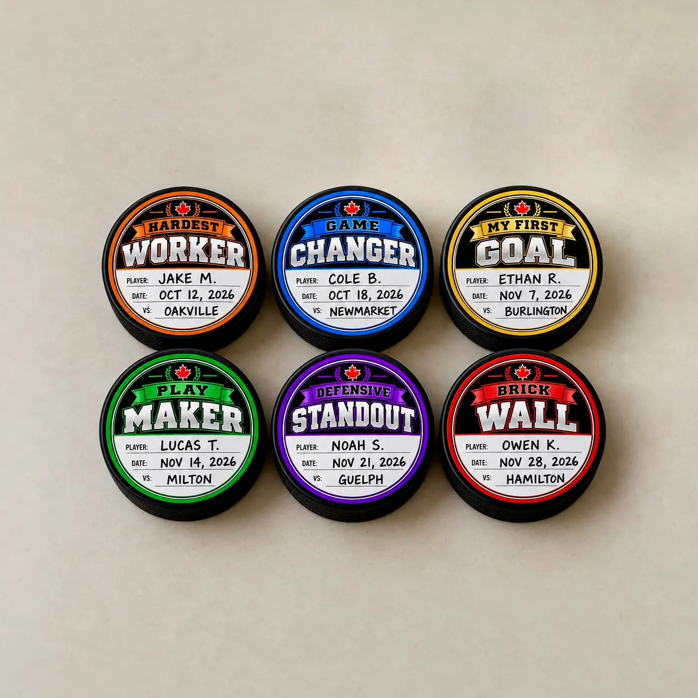 Mixed hockey puck award stickers