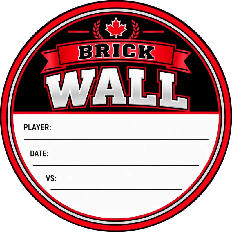 Brick Wall Goalie Hockey Puck Topper Red Brick Wall hockey puck topper with a Canadian maple leaf and white player, date and opponent fields.