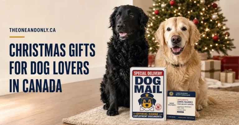 Black dog and golden retriever beside a personalized Dog Mail Chief Security Officer Christmas gift