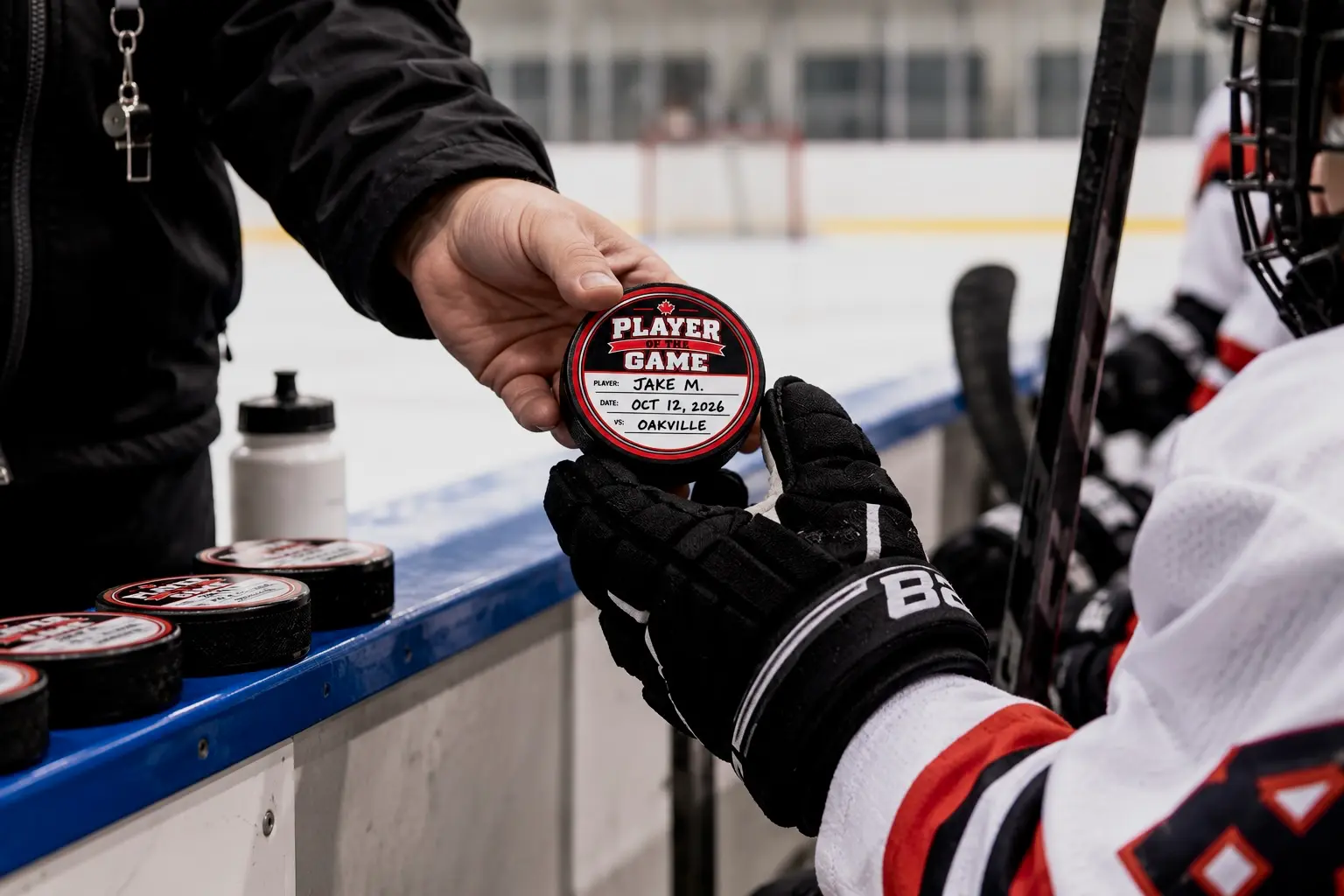 Hockey puck award stickers for Player of the Game, Heart and Hustle and team recognition