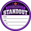 Defensive Standout Hockey Puck Topper Purple Defensive Standout hockey puck topper with a Canadian maple leaf and white player, date and opponent fields.