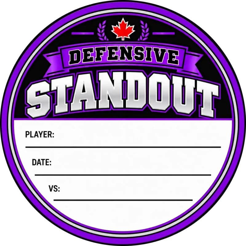 Defensive Standout Hockey Puck Topper Purple Defensive Standout hockey puck topper with a Canadian maple leaf and white player, date and opponent fields.