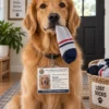 Dog Mail Chief Sock Confiscation Officer. Golden Retriever Golden retriever wearing a personalized Dog Mail Chief Sock Confiscation Officer badge and holding a sock