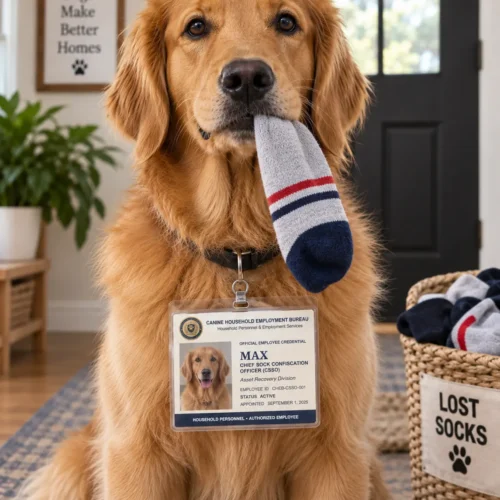Golden retriever wearing a personalized Dog Mail Chief Sock Confiscation Officer badge and holding a sock